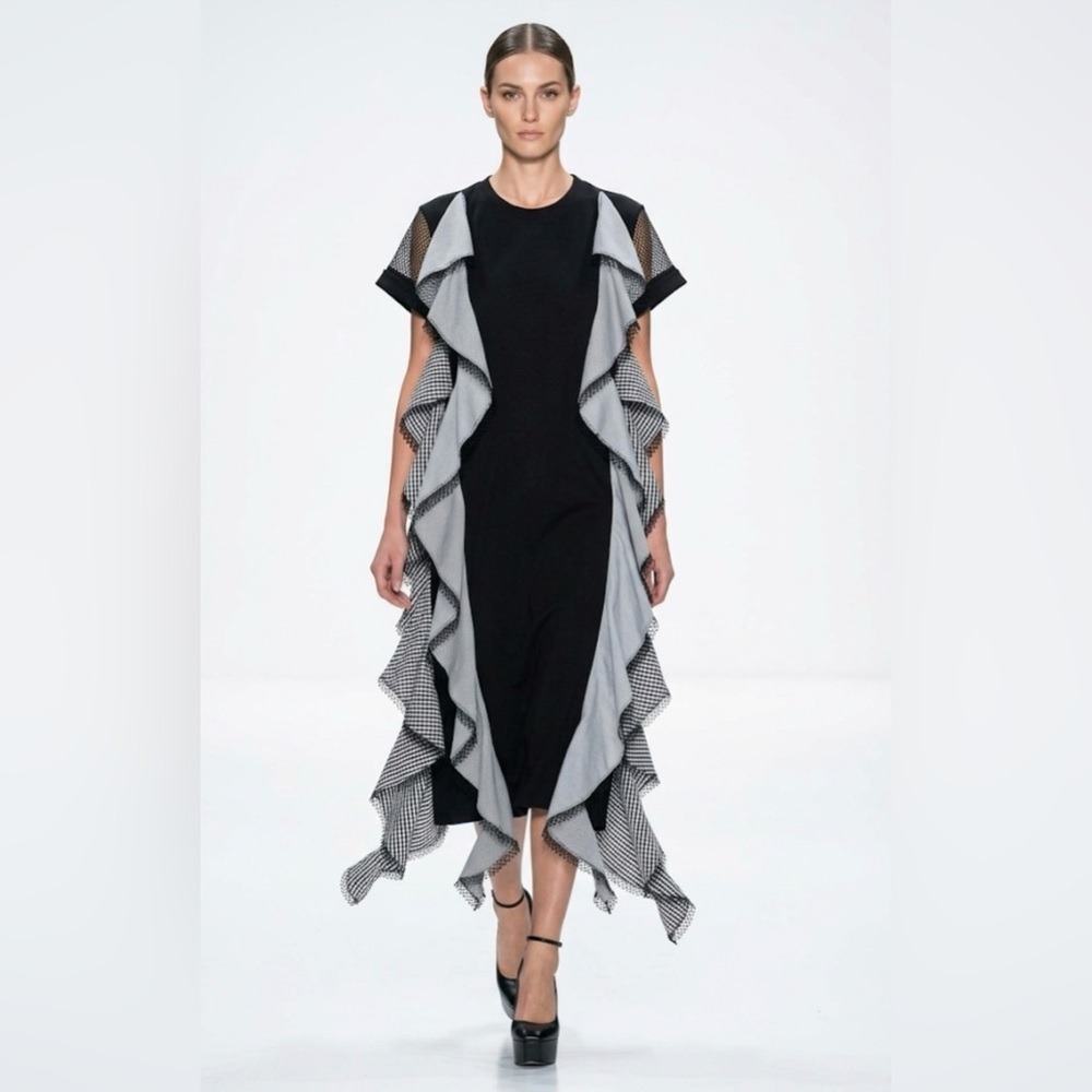 Kosmios Black Avant-Garde Ruffle Midi Dress Mesh Sleeves Gingham Stripe M